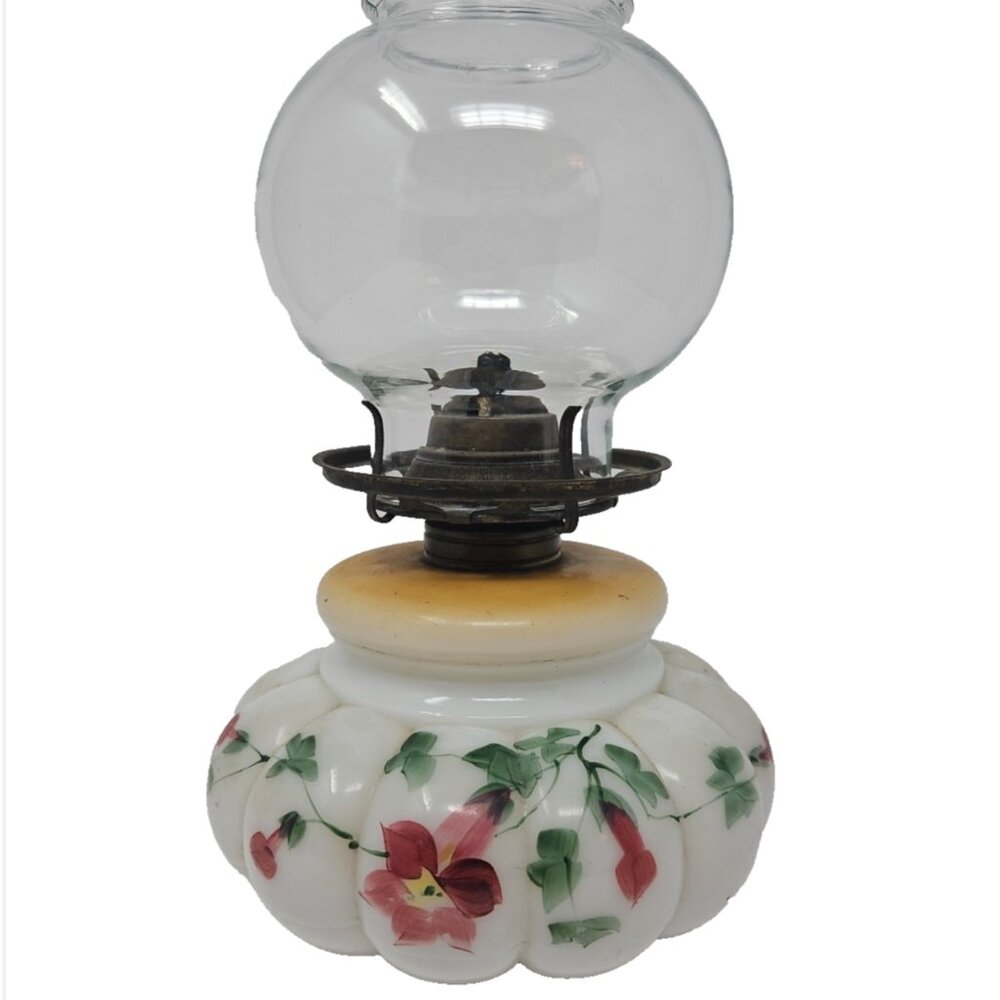 Antique Oil Lamp Plume Atwood Aladdin Milk Glass Pumpkin Gourd Base Hand Painted